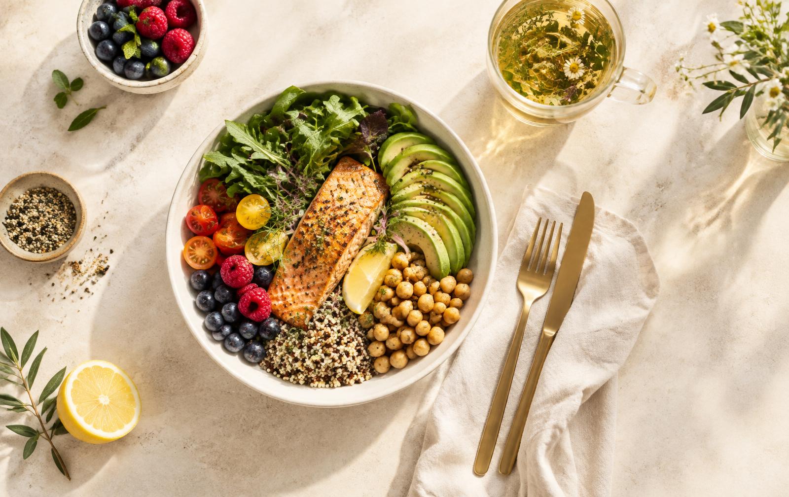 Bowl equilibrado con salmón, vegetales, aguacate, legumbres y frutos rojos